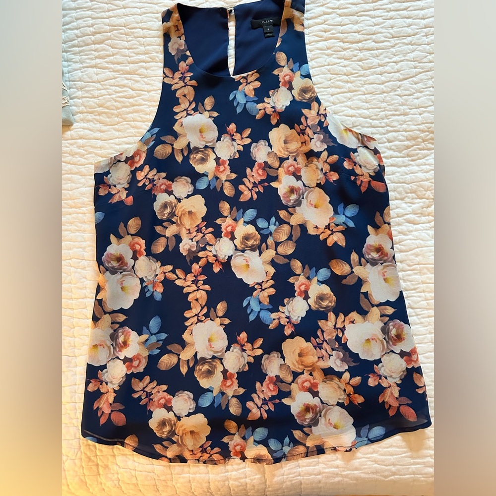 JCrew floral  Blue and Orange Sleeveless racerback longer length top.